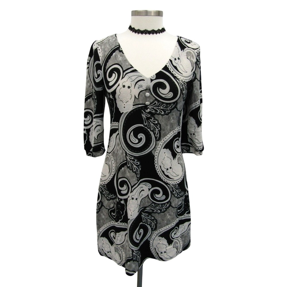 Papillon Womens‎ M Black White Paisley Print Dress 3/4 Sleeve Stretch V-Neck
